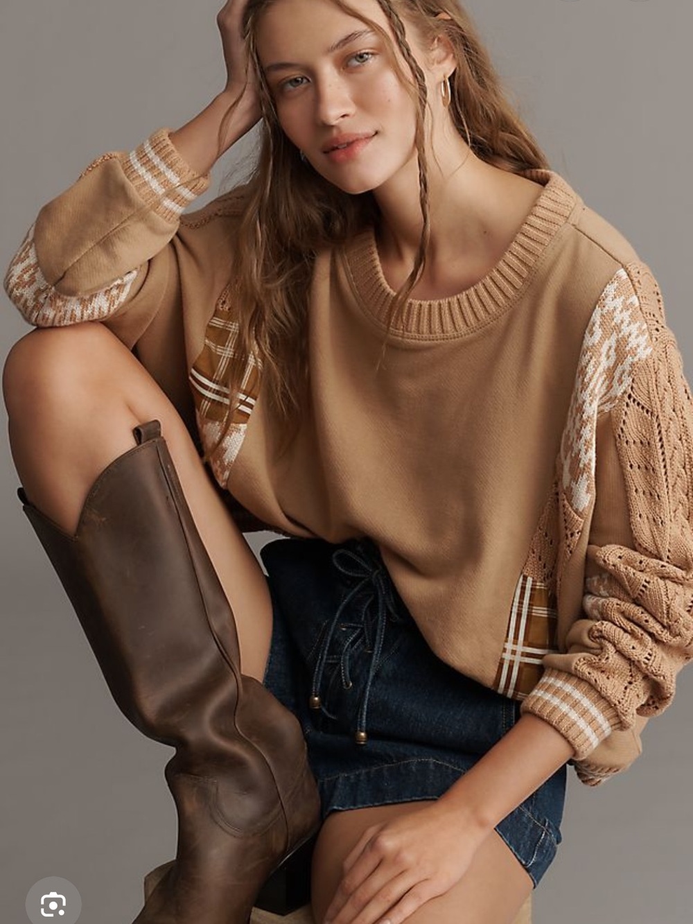 Anthropologie Pilcro Mixed-Media Pullover Sweater - Camel